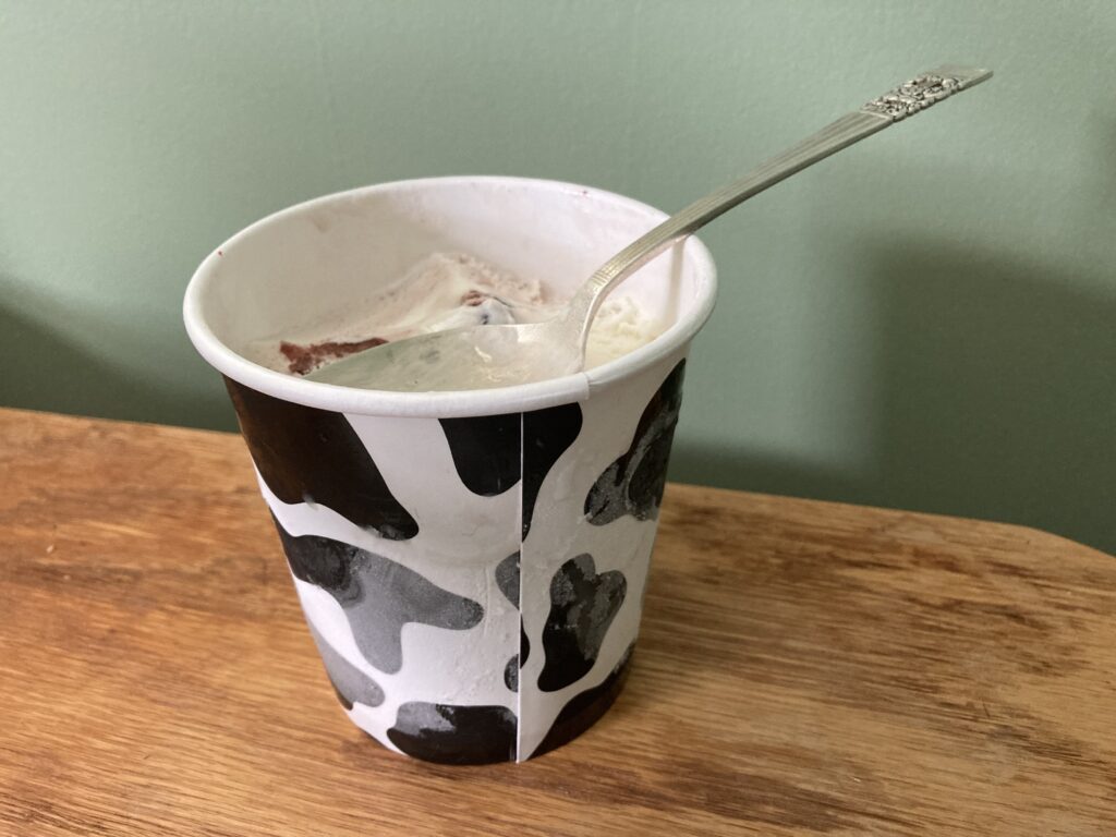Ice cream container with a spoon in it.